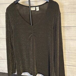 Chico’s Travelers Black Gold Sparkle Top Women’s Size 2 Lurex Knit V-Neck Ruched